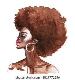 Watercolor Curly African Woman. Hand Drawn Portrait Of Pretty Lady On White Background. Side View. Painting Fashion Illustration. 