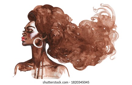 Watercolor Curly African Woman. Hand Drawn Portrait Of Pretty Lady With Long Hair On White Background. Painting Fashion Illustration. 