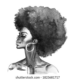 Watercolor Curly African Woman. Hand Drawn Portrait Of Pretty Lady On White Background. Side View. Painting Fashion Black And White Illustration. 