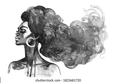 Watercolor Curly African Woman With Long Hair. Hand Drawn Portrait Of Pretty Lady On White Background. Side View. Painting Fashion Black And White Illustration. 