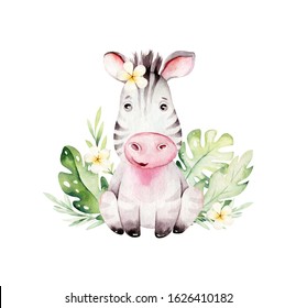 Watercolor Cute Baby Cartoon Zebra Animal Character Isolated On White. Hand Painted Safari Tropical Little Baby Cat For Nursery Print Poster Design And Baby Shower Card Making