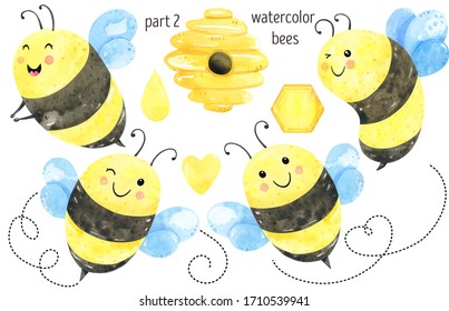 Watercolor Cute Bee Clipart, Honey, Summer Theme. Bug Illustrations, Honey, Beehive Funny Beetle. Honeycomb Background. Honey Design.	