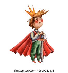 水彩のかわいい男の子のイラスト 赤いマントを持つ小さな王 おかしいおとぎ話の王子さま 遊ぶ子ども おとぎ話 のキャラクター 白人の少年 漫画のスタイル 中世の人物 剣 王冠 のイラスト素材 Shutterstock