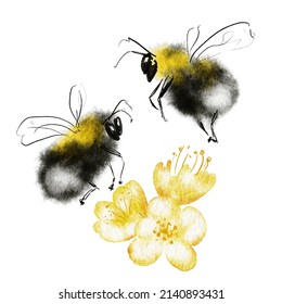 Watercolor Cute Bumble Bee And Buttercup Flowers Painting Illustration Card