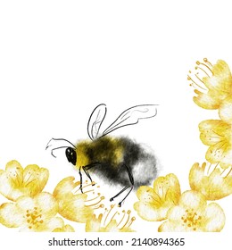 Watercolor Cute Bumble Bee Card Painting Illustration Frame