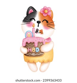 Watercolor cute calico cat with birthday cake illustration. Birthday party decoration.Cute kitten clipart.Festive animal decorations. - Powered by Shutterstock