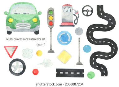 Watercolor Cute Car Set. Baby Boy Transport Car, Auto, Road Taxi, Cartoon Car Illustrations. Vehicles Colorfull, Signs, Gas Station, Wheel, Steering Wheel. Beep Beep Traffic. Nursery Decor	