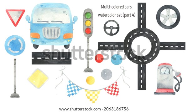 Watercolor cute car set. Baby boy transport\
car, auto, road taxi, cartoon car illustrations. Vehicles\
colorfull, signs, gas station, wheel, steering wheel. Beep beep\
traffic. Nursery\
decor	\
