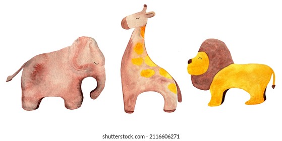 Watercolor Cute Cartoon Animals. Giraffe, Elephant And Lion. Wooden Children Toys Clip Art.