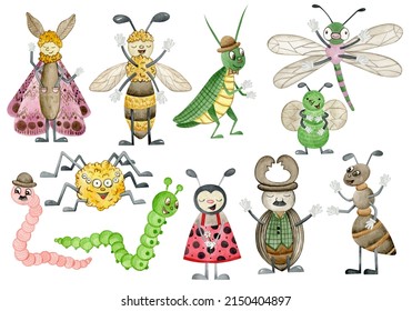 Watercolor Cute Cartoon Beetles Clipart Big Set. Hand Drawn Worm, Dragonfly, Caterpillar, Moth, Bee, Ant, Grasshopper, Fly, Spider, Ladybug, Beetle Illustartion.