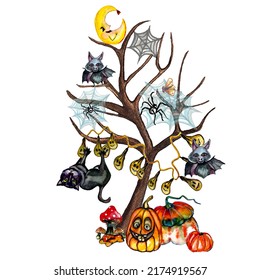 Watercolor cute cartoon halloween  Halloween tree and black cat pumpkins mushrooms spider in webs bats moon  Cartoon happy children halloween holiday 