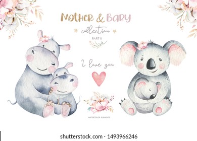 Watercolor cute cartoon illustration with cute mommy hippo and baby, koala flower leaves. Mother and baby illustration design. Tropical mom - Powered by Shutterstock