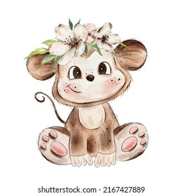 Watercolor Cute Cartoon Monkey With Flowers.Baby Animal Character Isolated On A White Background.