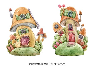 Watercolor Cute Cartoon Mushroom House Illustration On White Background. Funny Clipart. Kids Cartoon Sublimation, Print, Poster.