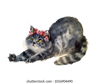 Watercolor Cute Cat With Flowers