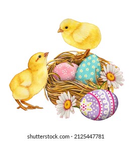 Watercolor Cute Chicke Non Nest With  Waster Eggs