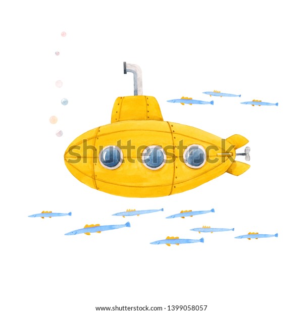黄色い潜水艦 潜水艦 魚の水彩でかわいい子どもっぽいイラスト のイラスト素材