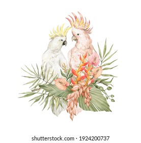 Watercolor Cute Colorful Parrots And Floral Tropical Bouquets. Exotic Jungle Birds, Parrot And Plants, Flowers. 