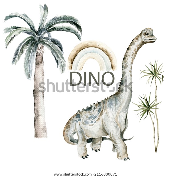 Watercolor cute dinosaurs composition. Hand painted dino with palm tree, leaves, mountains, rocks for nursery decor, wallpaper, baby shower card. isolated on white background. illustration for design.