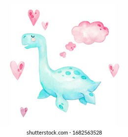 Watercolor Cute Dinosaurs Pliosauroidea With Dialogue Speech And Heards. Little Dino Prehistoric Period. Watercolor Illustration