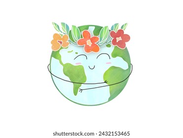 watercolor cute earth planet character with flowers, hugs. Earth day, world Environment day concept. Children design element with kind sticker characters. Clipart, cutout ecological art - Powered by Shutterstock