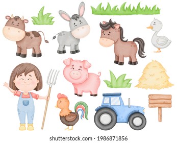 Watercolor cute Farm set, children print