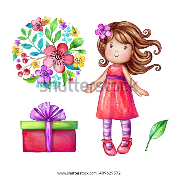 白い背景に水彩のかわいい女の子イラスト 赤ちゃん人形 小さなお姫様 花 柄のブーケ 包み込みのギフトボックス バースデーパーティデザインエレメントセット お祭り気のクリップアート のイラスト素材