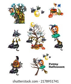 Watercolor cute halloween compositions set Halloween funny collection and Hand drawn illustrations witch black cat raven owl pumkin spider bat moon tree mushrooms fairy house  Cartoon happy