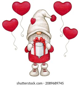 Watercolor Cute Hand Drawn Valentine's Day Gnome