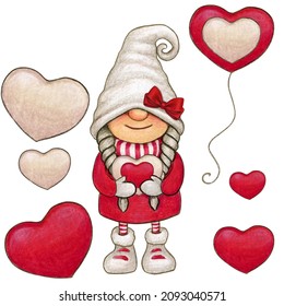 Watercolor Cute Hand Drawn Valentine's Day Gnome