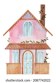 Watercolor Cute House Facade With Chimney, Wooden Porch And Vine Ivy On The Pink Wall. Small Tiny Cottage House On White Background