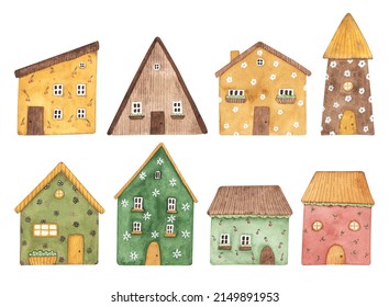 Watercolor cute houses set with florals. Hand drawn summer kids illustration for greeting card, invitation, postcard and other. 