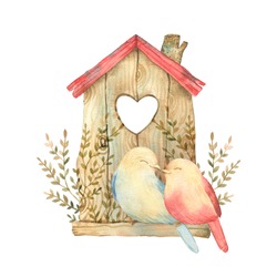 Watercolor Cute Illustration With Birds In Love. Good For Love Card, Valentine Day Congratulation Design.