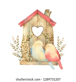 Watercolor Cute Illustration With Birds In Love. Good For Love Card, Valentine Day Congratulation Design.