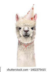 Watercolor Cute Illustration. Portrait Of A White Llama With A Party Hat.