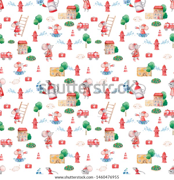 Watercolor cute\
illustration of seamless pattern with animals rescue team cartoon.\
Hand drawn colorful clip art on white background. Tree, firecar and\
little house.\
Heroes