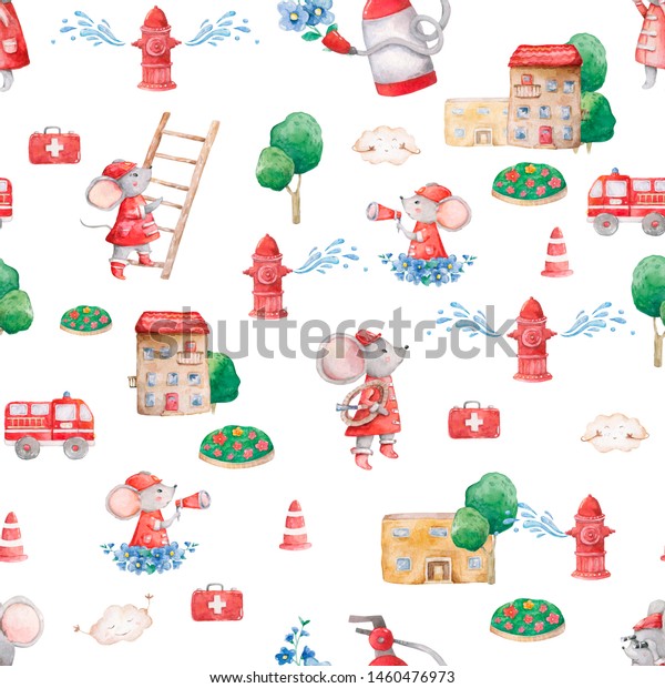 Watercolor cute\
illustration of seamless pattern with animals rescue team cartoon.\
Hand drawn colorful clip\
art.