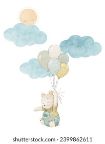 Watercolor cute little bear flying with balloons. Clouds and sun. Hand-painted watercolor bear flying with balloons. Sweet catoon illsutration. Perfect for invitations and prints.