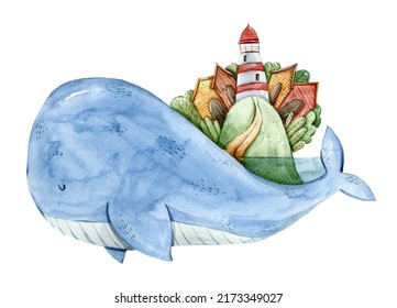 Watercolor Cute Nursery Whale Illustration On White Background. Kids Hand Painted Cartoon Animal Clipart For Sublimation, Print, Baby Room Poster