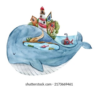 Watercolor Cute Nursery Whale Illustration On White Background. Kids Hand Painted Cartoon Animal Clipart For Sublimation, Print, Baby Room Poster