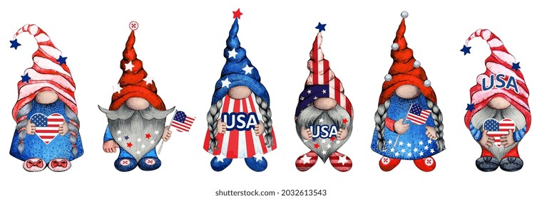 Watercolor Cute Patriotic Gnome with American flag Set, 4th of July, Independence Day USA - Powered by Shutterstock