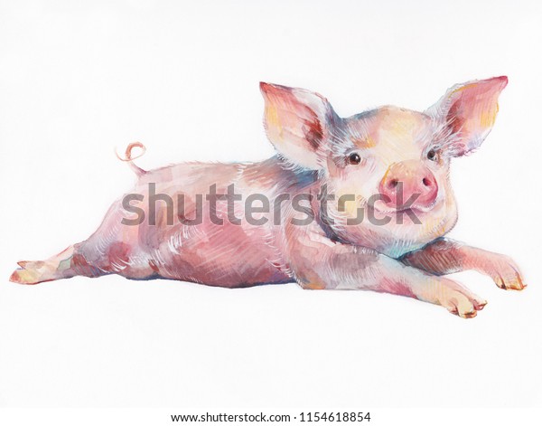 白い背景に水彩のかわいい豚 手描きの子豚のイラスト 19年のシンボル のイラスト素材