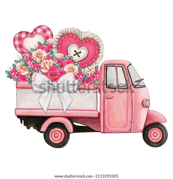 watercolor\
cute pink truck full of pink roses and\
hearts