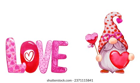 Watercolor cute pink valentines gnome. Cartoon love character illustration. Valentine's day greeting, card, invitation, flyer