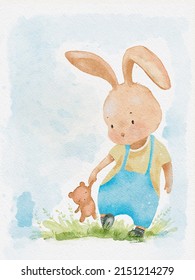 Watercolor Cute Rabbit runing on grass fields holding teddy bear, Digital hand paint illustration cartoon bunny character and brwon bear for Easter, Spring, Summer,Kids book cover background