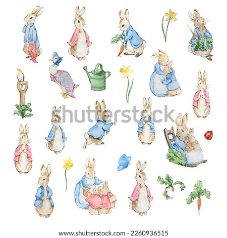 Watercolor cute rabbits in a blue jacket for kids design