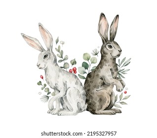 Watercolor Cute Rabbits, Hares, Plants. Forest Baby Animals, Berries, Pines, Leaves. Wild Woodland, Nature Scene. Wildlife Creatures