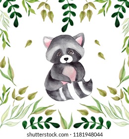 Watercolor cute raccoon with green leaves