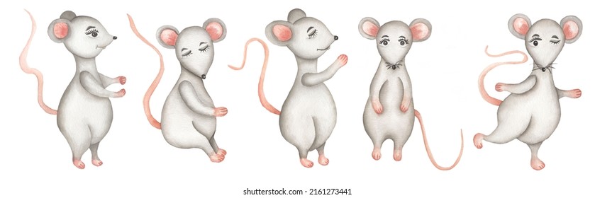 Watercolor Cute Rats Illustration Set, Hand Drawn Gray Big Mouse Clipart, Animals Print.