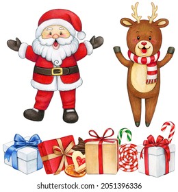 Watercolor cute santa with reindeer and gift boxes - Powered by Shutterstock